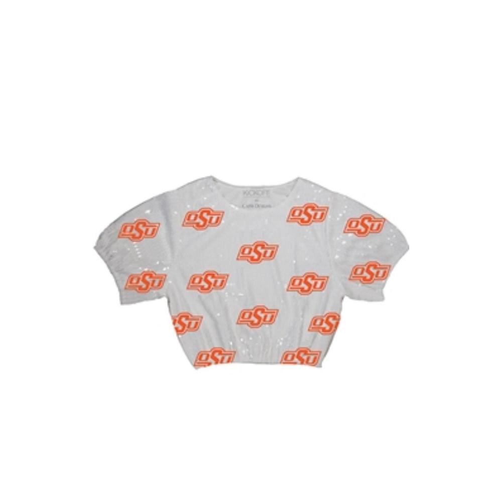NEW CAPRI DESIGNS women's oklahoma state university sequin game day top in white